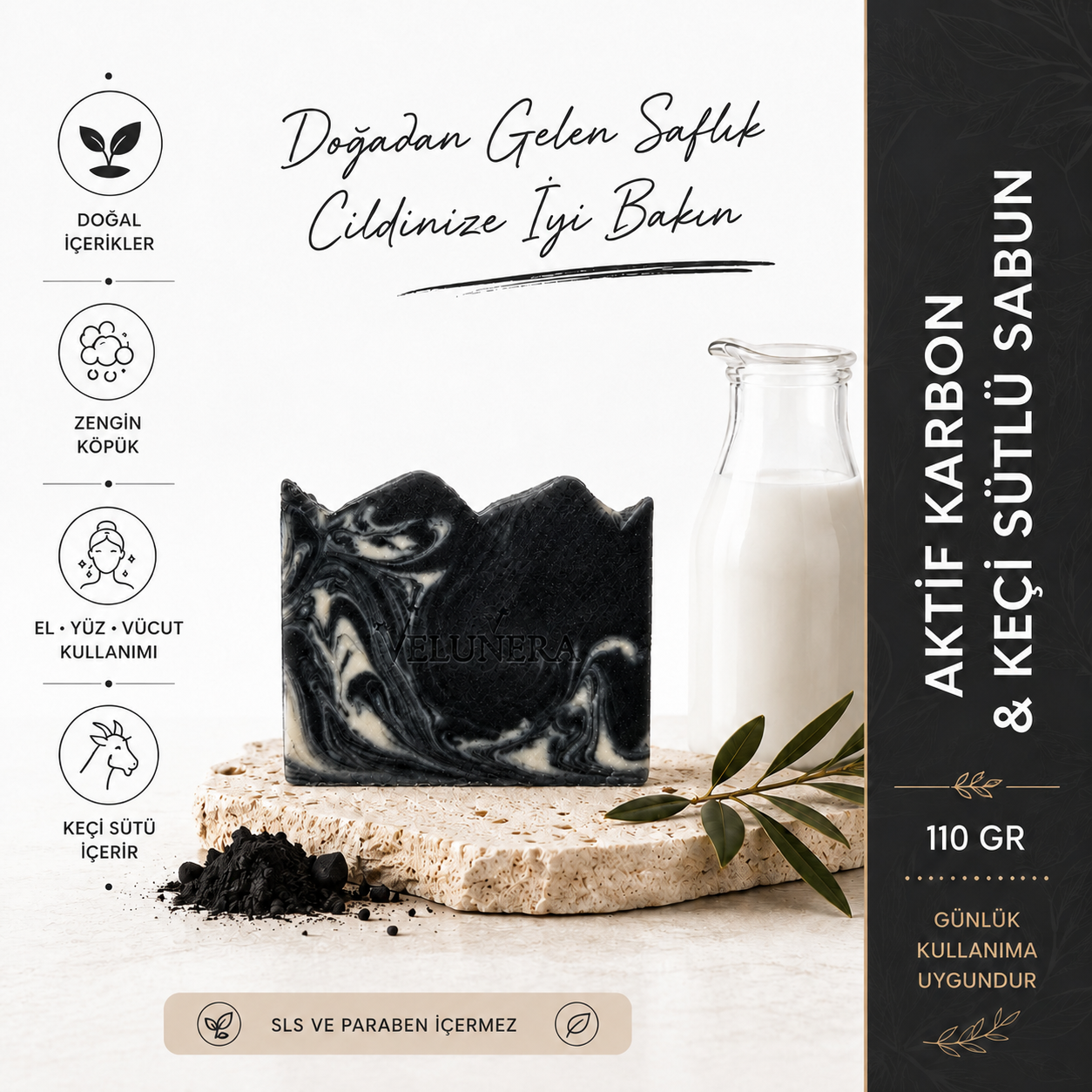 Velunera Aktif Karbon & Keçi Sütü Sabunu 110 g